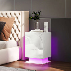 Modern LED Nightstand Bedside Table with Adjustable Colour Lighting & 3 Drawers, APP Control, Glossy White