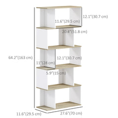 5-Tier Bookshelf, Geometric S Shaped Bookcase, Tall Narrow Display Shelf for for Living Room, Study Room, White