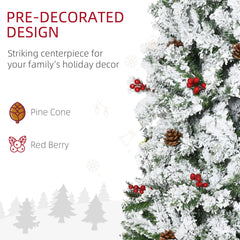6 Foot Pencil Snow Flocked Artificial Christmas Tree with 600 Pine Realistic Branches, Pine Cones, Red Berries, Auto Open, Green