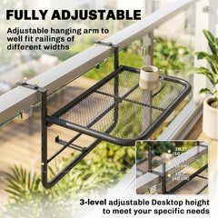 Adjustable Balcony Hanging Railing Table, Metal Mounting Mini Wall Desk Storage Rack, Outdoor Flower Stand Serving Table Rectangle, Black
