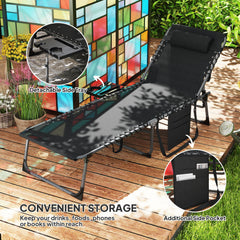 Folding Lounge Chair, Outdoor Chaise Lounge Tanning Chair with Adjustable Back, Side Table, Headrest, Black