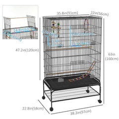63" Bird Cage w/ Open Top for Budgies, Cockatiels, Lovebirds Finches, Stand, Toys, Removable Tray, Storage Shelf