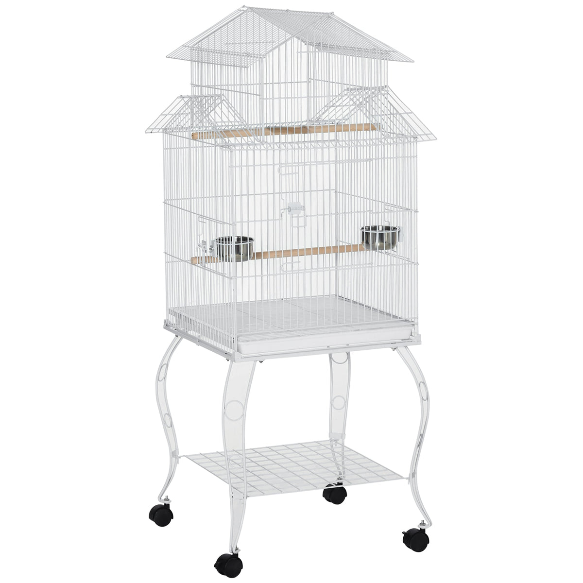 53.9'' Large Rolling Steel Bird Cage Bird House with Detachable Rolling Stand, Storage Shelf, Wood Perch, Food Container, White