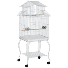 53.9'' Large Rolling Steel Bird Cage Bird House with Detachable Rolling Stand, Storage Shelf, Wood Perch, Food Container, White