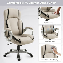 Ergonomic Office Chair PU Leather Executive on Rolling Wheels Task Computer Height Adjustable Swivel Ergonomic, Greige and Black