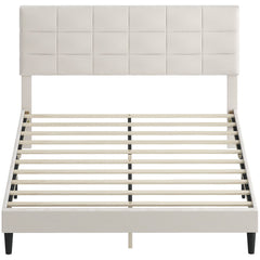 Queen Size Bed Frame with Upholstered Headboard, Modern Platform Bed Frame with Wood Slats, 1100 lbs Capacity, Cream