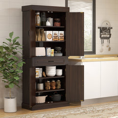 71" Freestanding Kitchen Pantry with 4 Doors and 2 Cabinets, Tall Storage Cabinet for Kitchen, Distressed Black