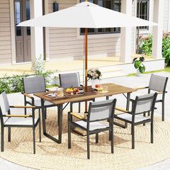 Wooden Outdoor Dining Table for 6 with 2" Umbrella Hole, Slatted Tabletop, Metal Frame, for Yard, Deck, Lawn