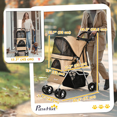 Cat Dog Stroller, One-click Foldable Pet Stroller w/Cup Holder, 4 Wheels Travel Carrier w/Brakes, 360° Swiveling Front Wheels, Storage Basket, for XS/Small Dogs Cats, Black