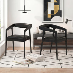 Set of 2 Wooden Armchairs with Curved Back and Black PU Leather Seat