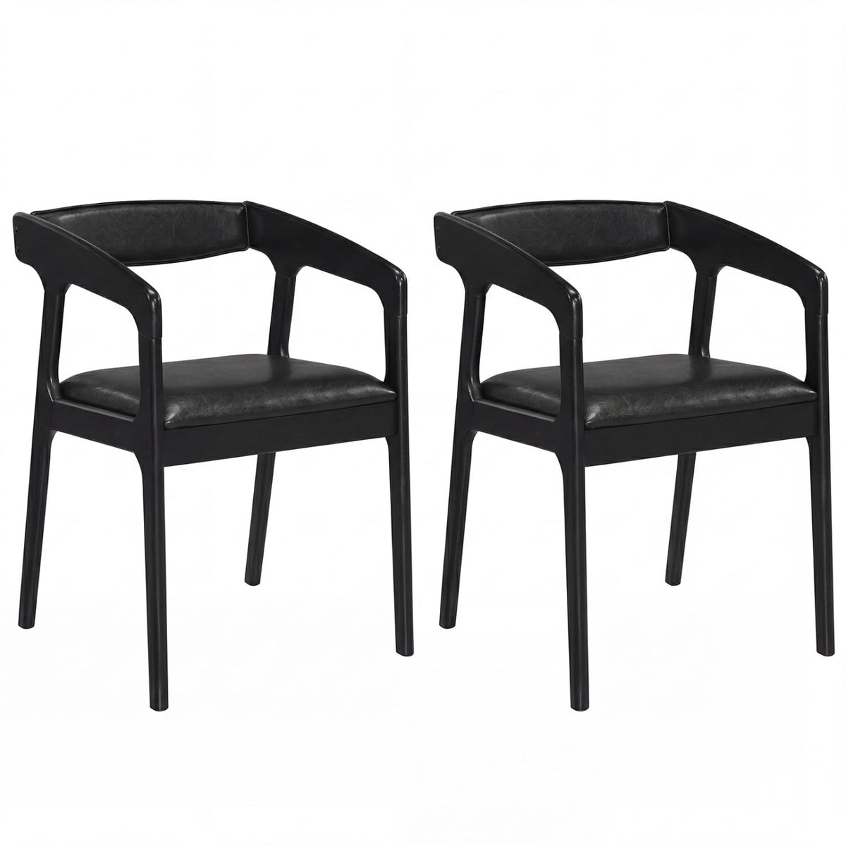Set of 2 Wooden Armchairs with Curved Back and Black PU Leather Seat