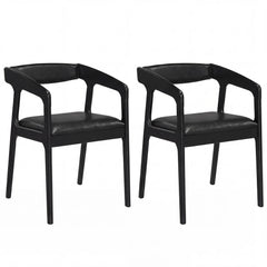 Set of 2 Wooden Armchairs with Curved Back and Black PU Leather Seat