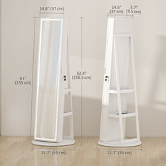 Jewelry Cabinet with Full Length Lockable Mirror, Standing Jewelry Armoire Organizer with LEDs, White