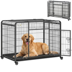 Folding Heavy Duty Dog Crate Heavy Duty Cage for Large Sized Dogs with Double Doors, Lockable Wheels Tray, 43" x 28" x 31"