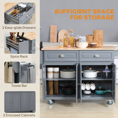 Kitchen Island with Storage, Rolling Kitchen Island with Drop Leaf, Rubber Wood Top and Adjustable Shelves, Grey