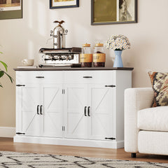 30" Buffet Cabinet, Farmhouse Sideboard with 1.2" Thick Top, 2 Barn Doors, Drawer and Adjustable Shelf, White