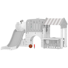 7-in-1 Toddler Slide, Kids Slide Climber Playset with Playhouse and Basketball Hoop for 1-4 Years, Grey