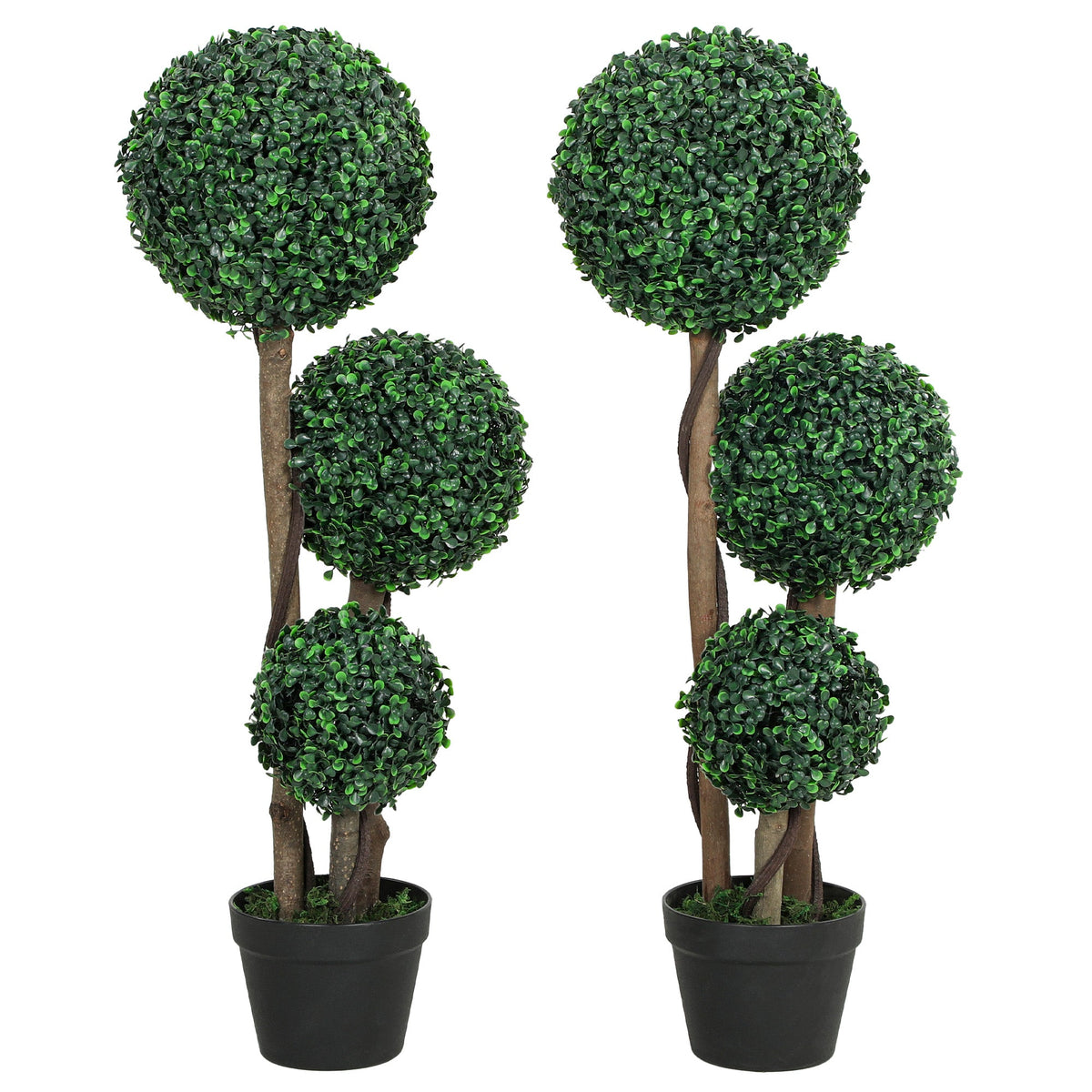 35 Inch Potted Fake Plant Set of 2, Artificial Boxwood Topiary Tree, Triple Ball Tree for Indoor and Outdoor, Green