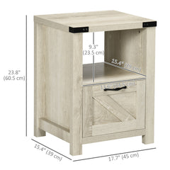 Side Table with Storage, Farmhouse End Table with Drawer, Open Shelf and Barn-style Panel, Nightstand for Living Room, Bedroom, Oak