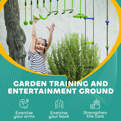 Obstacle course for Kids, with 10-Piece Slackline Kit with Monkey Bars, Gym Rings, Rope Ladder, Nest Swing, Hanging Tray