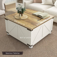 Farmhouse Coffee Table, Square Center Table with Flip-top Lids, Hidden Storage Compartment and Wooden Legs, Oak