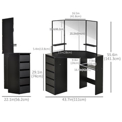 Corner Vanity Desk with Mirror, Makeup Vanity Table with 5 Drawers and Open Shelves, Dressing Table with 3-piece Mirror for Bedroom, Black