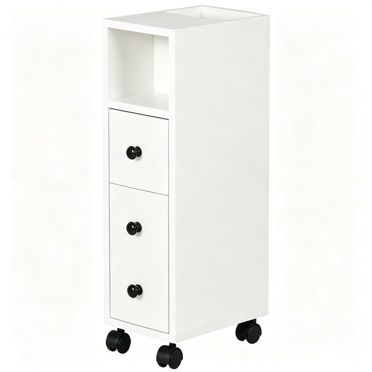 Slim Bathroom Cabinet with Wheels, Narrow Bathroom Storage Cabinet with Door, Drawer and 2 Open Compartments, White