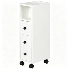 Slim Bathroom Cabinet with Wheels, Narrow Bathroom Storage Cabinet with Door, Drawer and 2 Open Compartments, White