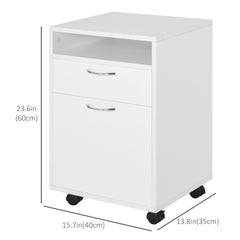 24" Small Filing Cabinet with Open Compartment, Drawer and Wheels, Home Office Storage Cabinet, White