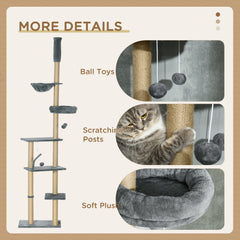 Floor to Ceiling Cat Tree, 90.5" - 98.5" Cat Tower with Scratching Post, Dangling Balls, Platforms, Bed, Hammock, Grey