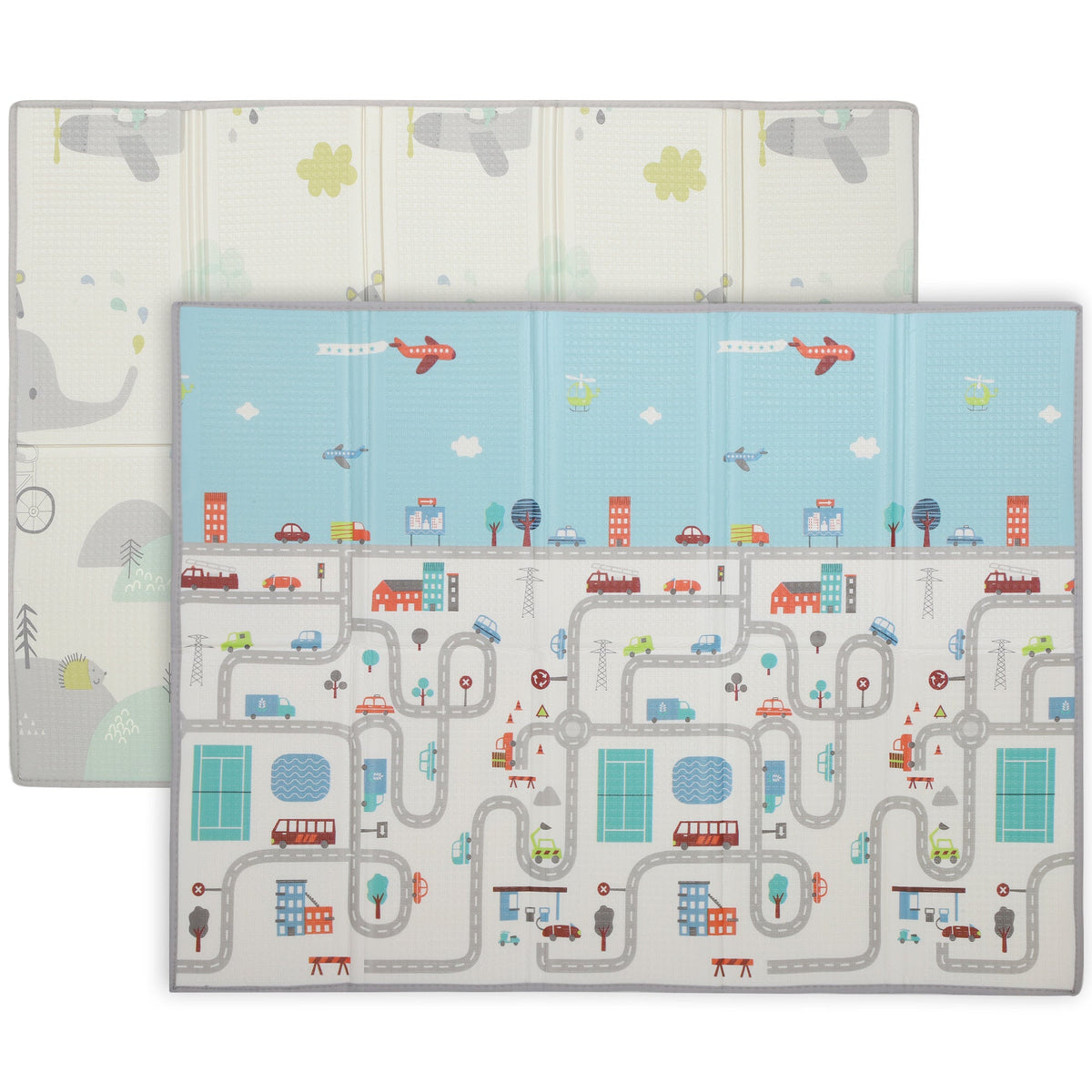 Foldable Baby Plat Mat, 79" x 59" Kids Floor Mat for Crawling and Learning, Track & Elephant Theme