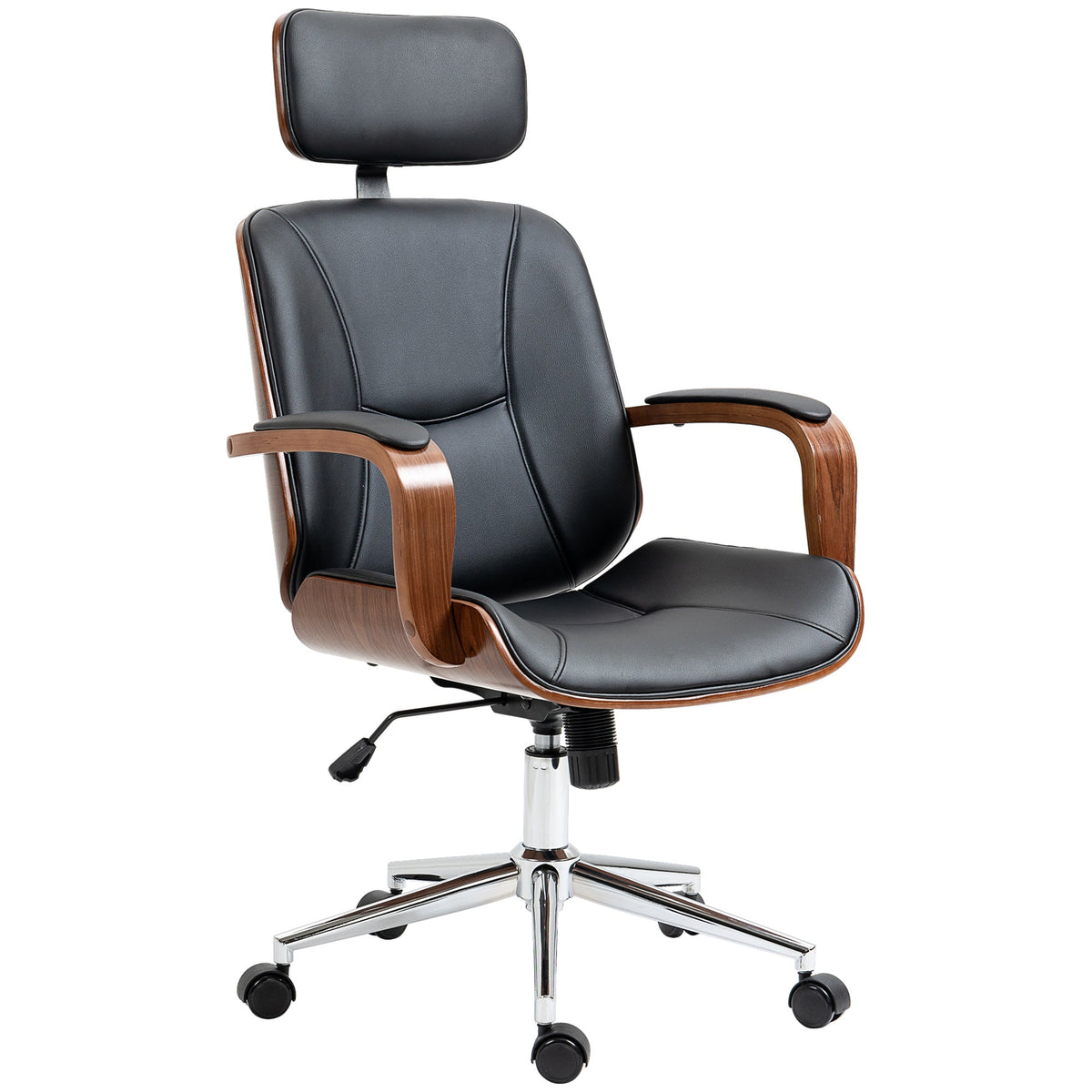 Office Chair, PU Leather Desk Chair with Removable Headrest, Adjustable Height, Tilt Function and with Wheels, Black