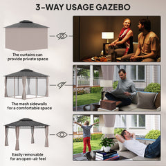 10' x 10' Outdoor Hardtop Gazebo Canopy w/ Double PC Roof, Steel Frame, Nettings, Curtains for Garden Lawn Deck, Black