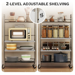 3 Tier Stainless Steel Rolling Cart with Adjustable Shelf, Utility Cart on Wheels with Handles for Kitchen, Silver