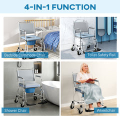 Rolling Shower Chair, Bedside Commode Wheelchair with Padded Seat, Backrest, for Seniors, Disabled, 300 lbs, Grey