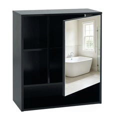 Wall-Mounted Mirror Cabinet with 2 Hidden Shelves and 3 Open Compartments-Black