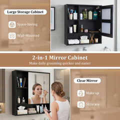 Wall-Mounted Mirror Cabinet with 2 Hidden Shelves and 3 Open Compartments-Black
