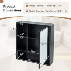 Wall-Mounted Mirror Cabinet with 2 Hidden Shelves and 3 Open Compartments-Black