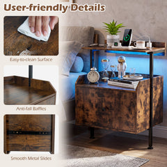 Wall-mounted Nightstand with LED Lights and Charging Station for Bedroom-Rustic Brown