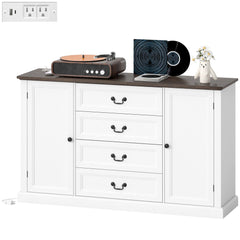 Farmhouse Sideboard with Charging Station, 58" Buffet Cabinet, Kitchen Storage Cabinet with 4 Drawers, 2 Doors, Black