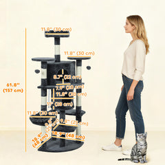 62" Cat Tree with Scratching Post, 2 Condos, Hammock, Perches, Plush, Pompoms, for Indoor Cats, Beige