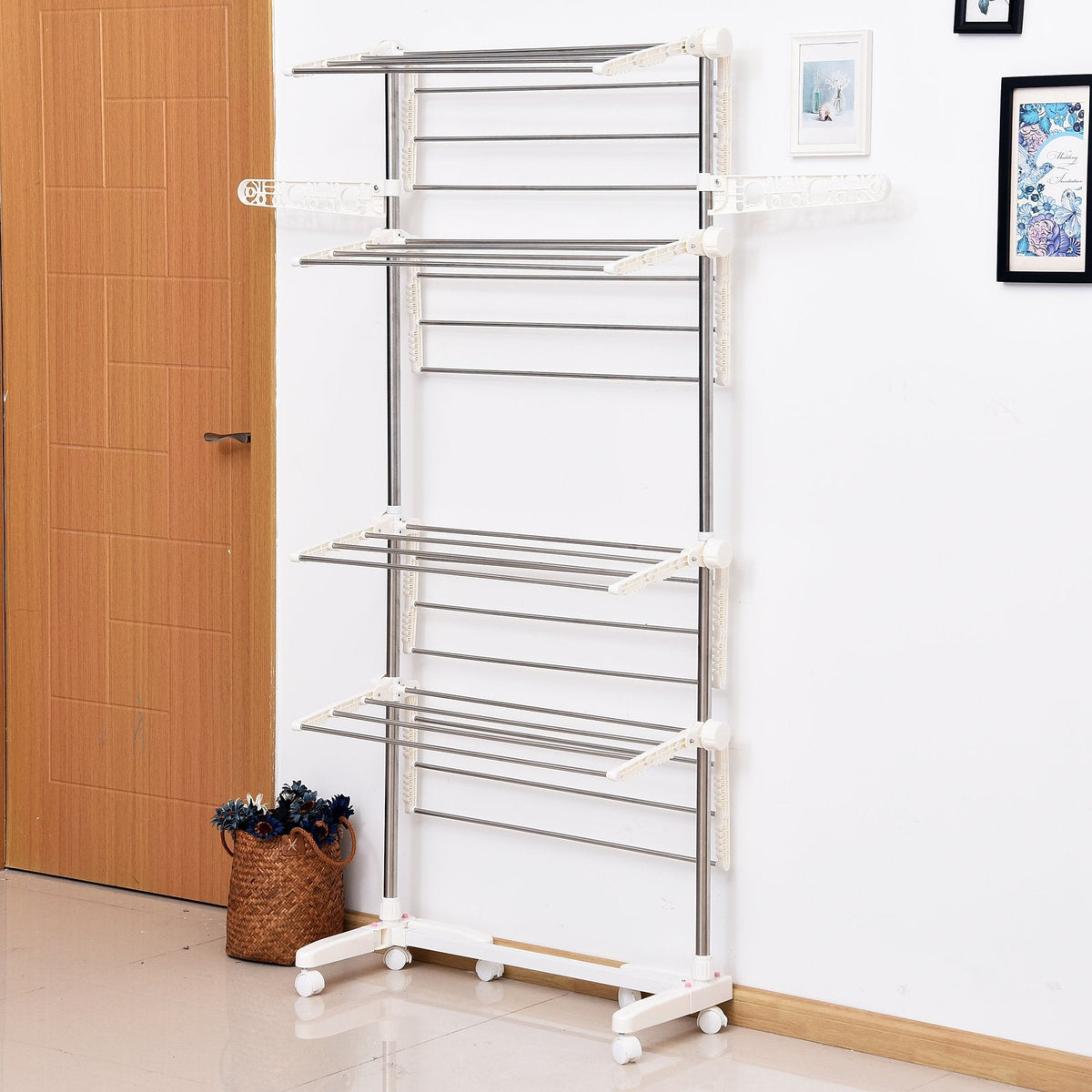 4 Layers Folding Laundry Rack Stand Dryer Storage Towel Rack Rolling