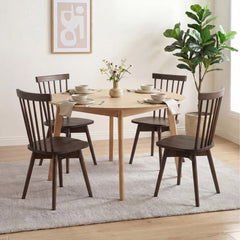 Set of 4 Swivel Spindle Back Dining Chairs, Walnut Rubber Wood