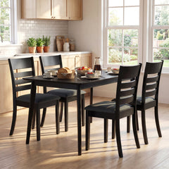 Set of 4 Slat Back Dining Chairs with Padded Grey Seat, Black Rubber Wood