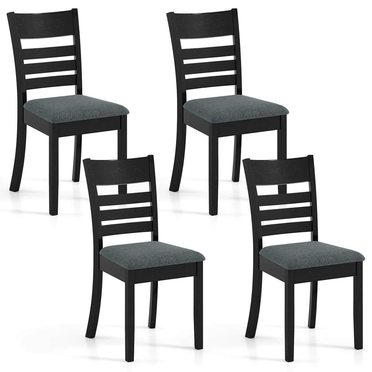 Set of 4 Slat Back Dining Chairs with Padded Grey Seat, Black Rubber Wood