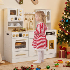Wooden Kids Kitchen Playset with Realistic Lights and Sounds-White