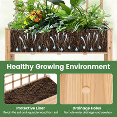 Wooden Mobile Raised Garden Bed on Wheels with Trellis-Natural