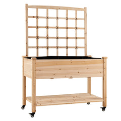 Wooden Mobile Raised Garden Bed on Wheels with Trellis-Natural