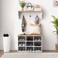2-in-1 Hall Tree, 5-Hook Coat Rack Shoe Bench Set w/ Bench and Shoe Storage for Entryway, Hallway, White