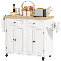 Kitchen Island with Storage, Rolling Trolley Cart with Rubber Wood Top, Spice Rack, Towel Rack, Brown Oak